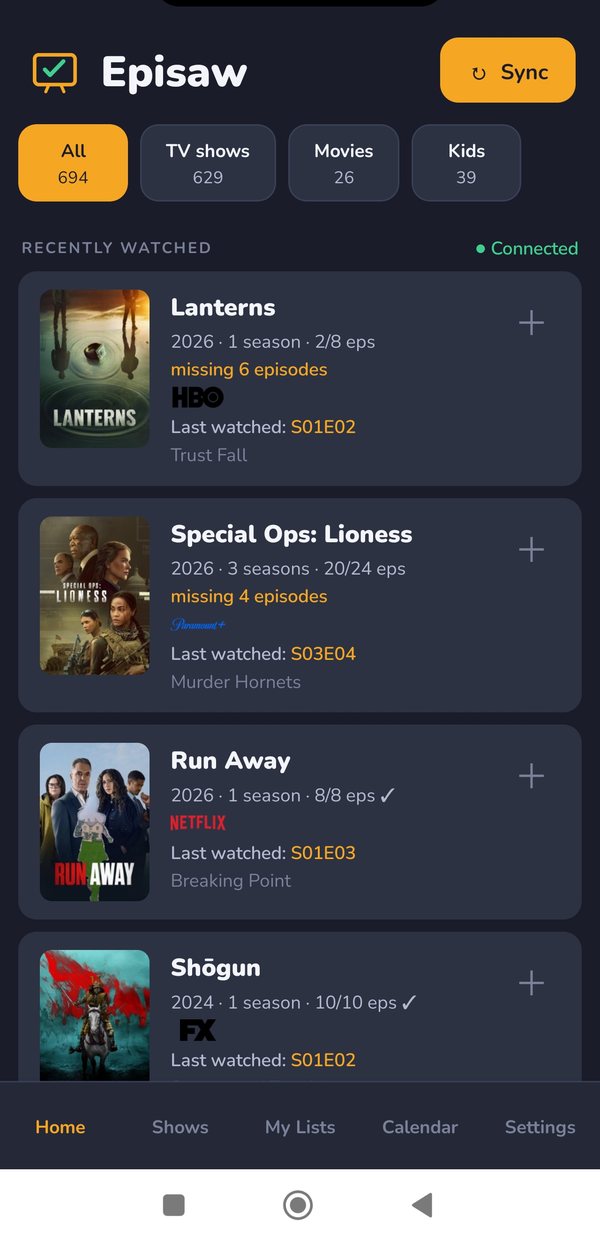 Episaw home screen showing recently watched shows